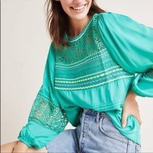 Bl-nk Anthropologie Sunshine Peasant Blouse Embroidered Balloon Sleeve Crochet